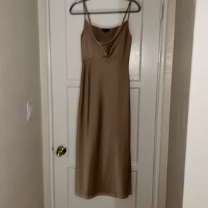 Tan silk slip dress midi cowl neck